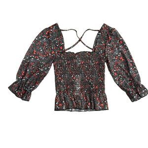 NWT Topshop Crop‎ Top Women's Size 4 Multicolor Floral 3/4 Sleeve Blouse Ruched